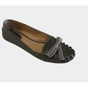 Kate Spade Black Patent Leather Loafers with Gray Bow